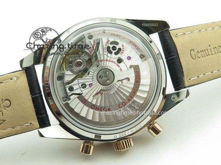 0509 Trendsetting Speedmaster ’57 SS Chrono AXF Best Edition RG Bezel Black Dial on Black Leather Strap A 8283